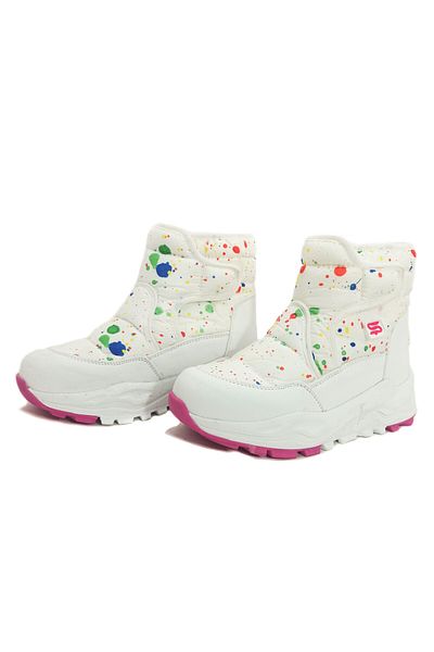 GDT Ayakkabı White Fuchsia Color Patterned Waterproof Velcro Children's Boots