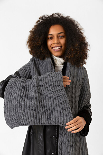 MARBERRY Gray Knitted Thick Women's Shawl - 45X210 cm