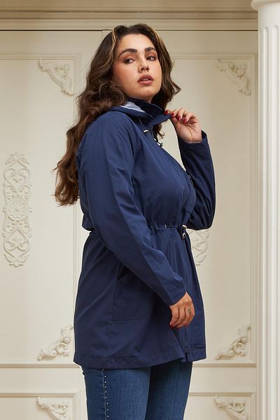 RMG Plus Size Navy Blue Trench Coat with Tunnel Waist