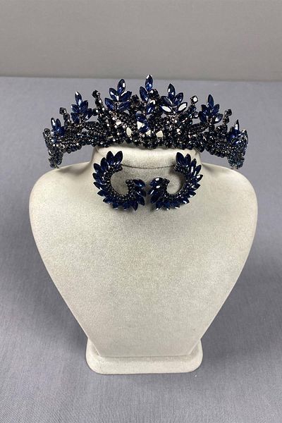 Hobigram Navy Blue Whole Leaf Model Bridal Crown and Round Earring Set – Crown, Crystal Stone, Stylish Model – Ta