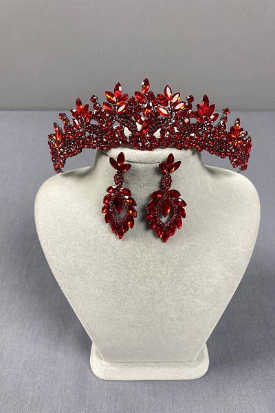 Hobigram Red Selur Leaf Model Bridal Crown and Three Drop Earrings Set – Crown, Crystal Stone, Stylish Model – Crown