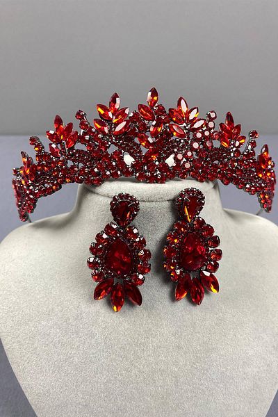 Hobigram Red Selur Leaf Model Bridal Crown and Three Shuttle Earring Set – Crown, Crystal Stone, Stylish Model – t