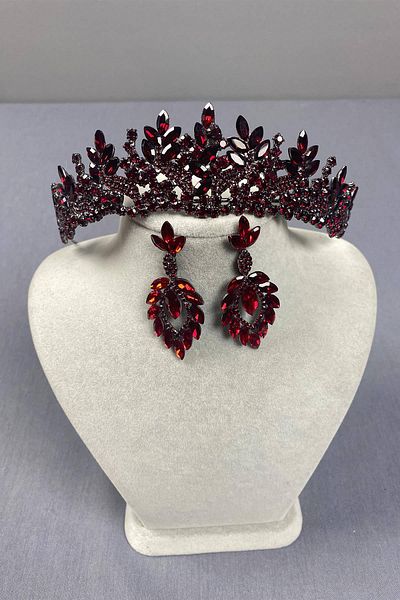 Hobigram Set de coroană de mireasă și cercei cu trei picături model Burgundy Selur Leaf – Coroană, piatră de cristal, model elegant – Coroană –
