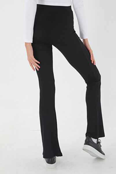 ESPİNA Ribbed Flare / Flare Leg High Waist Stretchy Knitted Leggings Trousers Black