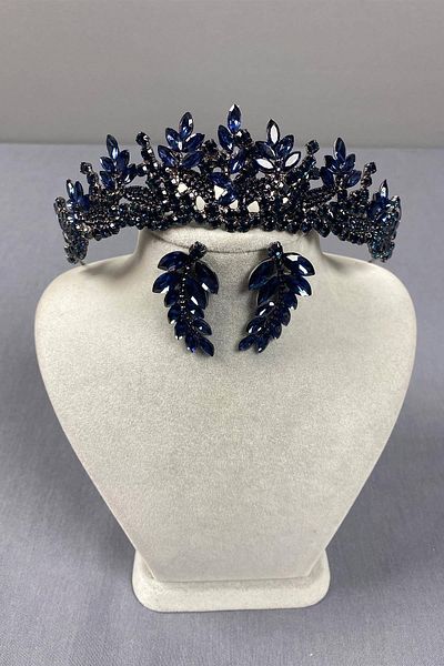 Hobigram Navy Blue Whole Leaf Model Bridal Crown and Leaf Earring Set – Crown, Crystal Stone, Stylish Model – Crown