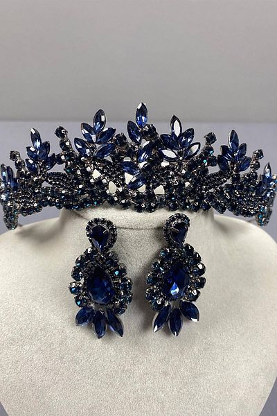 Hobigram Navy Blue Whole Leaf Model Bridal Crown and Three Shuttle Earring Set – Crown, Crystal Stone, Stylish Model –