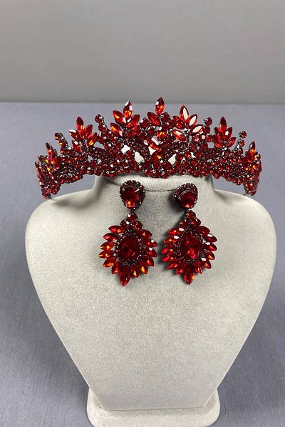 Hobigram Red Selur Leaf Model Bridal Tiara and Shuttle Earring Set – Crown, Crystal Stone, Stylish Model – Crown