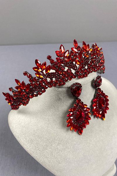 Hobigram Red Selur Leaf Model Bridal Tiara and Shuttle Earring Set – Crown, Crystal Stone, Stylish Model – Crown