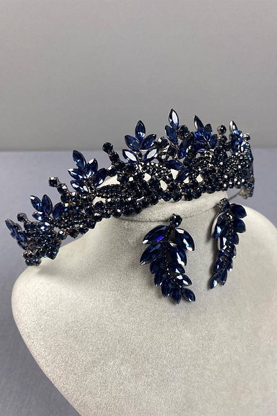 Hobigram Navy Blue Whole Leaf Model Bridal Crown and Leaf Earring Set – Crown, Crystal Stone, Stylish Model – Crown
