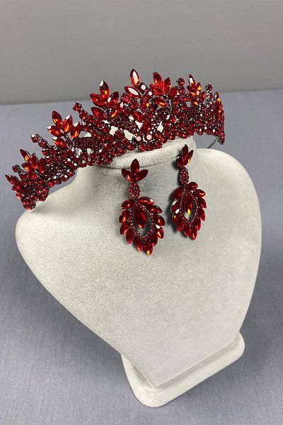 Hobigram Red Selur Leaf Model Bridal Crown and Three Drop Earrings Set – Crown, Crystal Stone, Stylish Model – Crown