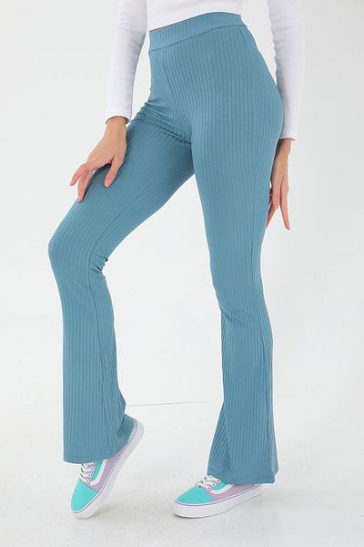 ESPİNA Leggings tricotați elastici cu nervuri, picior evazat, talie înaltă, albastru petrol