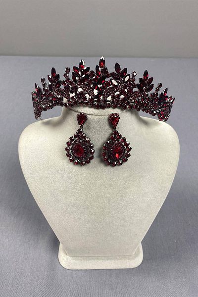 Hobigram Set de cercei și coroană de mireasă model Selur Leaf Burgundy – Coroană, Crystal Stone, Model elegant – Ta