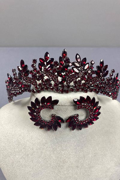 Hobigram Burgundy Whole Leaf Model Bridal Crown and Round Earring Set – Crown, Crystal Stone, Stylish Model – Crown –