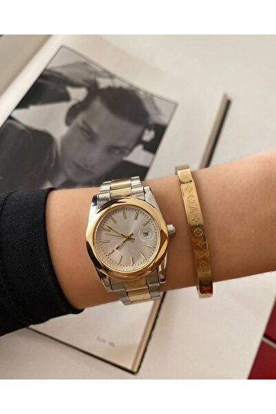 ÇENÇEN Yuvarlak Gümüş Gold Metal Kelepçe Kordon Kadın Kol Saati