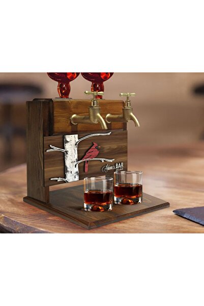 Bk Gift Kişiye Özel Kabartma Kuş Tasarımlı Çift Musluklu Doğal Ahşap İçki Sta...