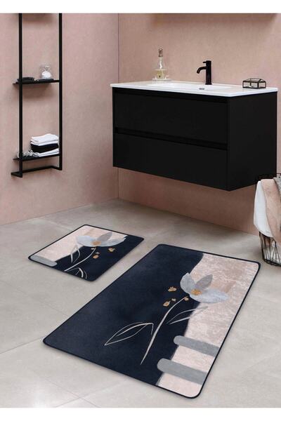 Qatalina Kaymaz Taban Yıkanabilir 2’li Banyo Paspası - Pudra Çiçek Desenli 60...