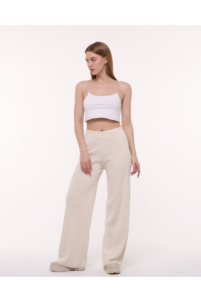 Caroline Factory Krem Geniş Paçalı Beli Lastikli Düz Kadın Triko Pantolon