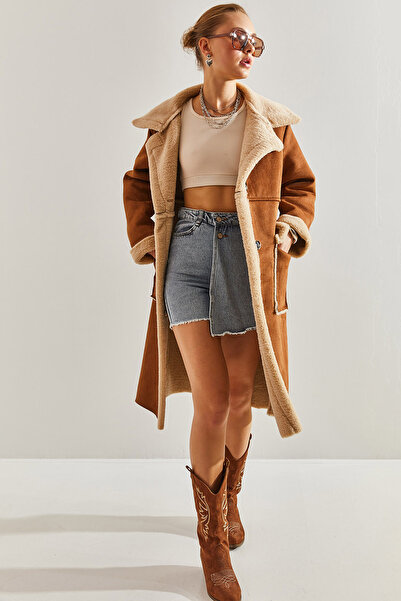 Bianco Lucci Dámský dlouhý laminovaný kabát s dvojitou kapsou