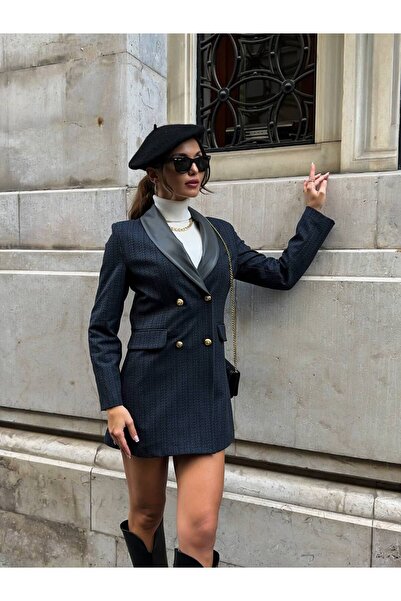 ARTI MODA Yaka Deri Detaylı Gold Düğmeli Blazer Ceket