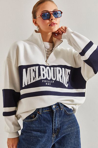 Bianco Lucci Bedrucktes Oversize-Sweatshirt mit Rollkragen und Reißverschluss für Damen