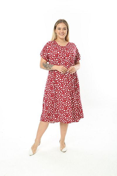 XL Modam WOMEN'S LARGE SIZE LYCRAL VISKOSE RED AND WHITE DROP PATTERN DRESS