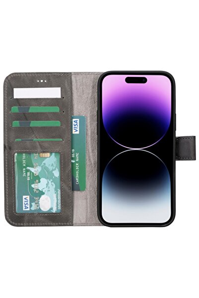 PLM Iphone 15 Plus Uyumlu Deri Cüzdanlı Kılıf Mwwn Vs4ef Gri