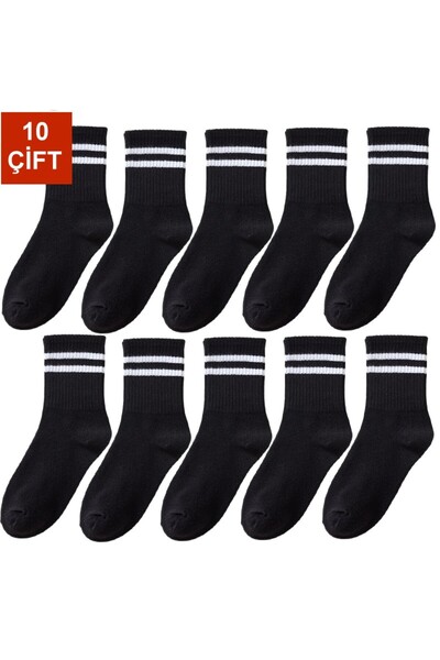 çorapmanya 10 Çift Kadın Siyah Beyaz Gri Çizgili Çizgisiz Kolej Tenis Çorap