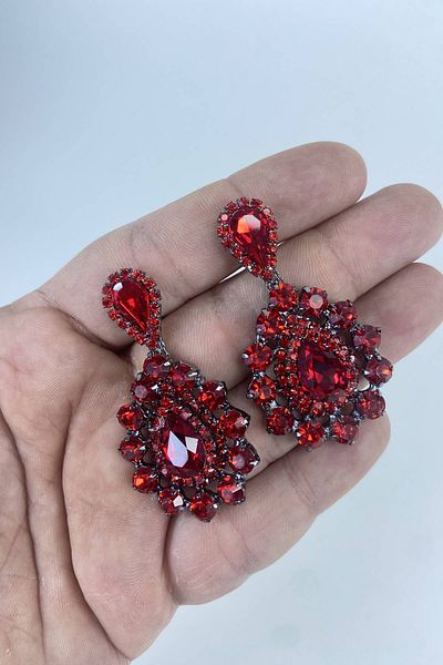 Hobigram Red Drop Model Large Small Stone Henna Wedding Engagement Earrings