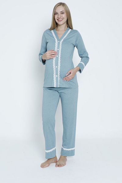 Miss Dünya Lissa Green Lace Detailed Buttoned Front Maternity and Maternity Pajamas Set