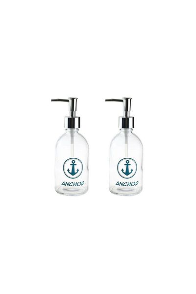 Bosphorus Bathroom Set Glass Liquid Soap Dispenser Two, Anchor Written 6X6X10Cm 250ml