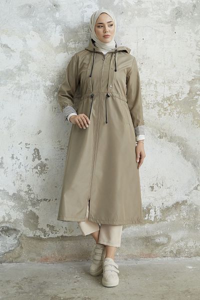 InStyle Μπορντό ριγέ παλτό μακριά καμπαρντίνα - μπεζ