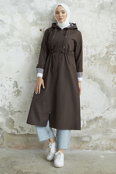 InStyle Flared Striped Pattern Long Trench Coat - Bitter Brown