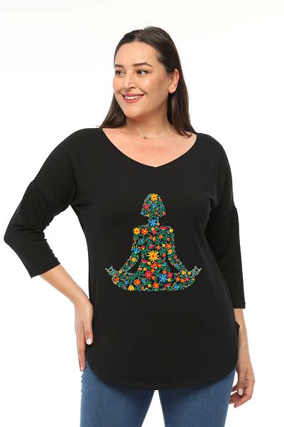 Curvy Trend Plus Size Floral Yoga Printed Wide V-Neck Half Sleeve Oval Slit Blouse