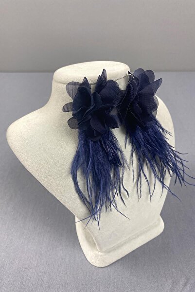 Hobigram Navy Blue Laser Floral Ostrich Feather Earrings – Bijoux Earrings, Stylish Design, Women's Accessory – Bijoux
