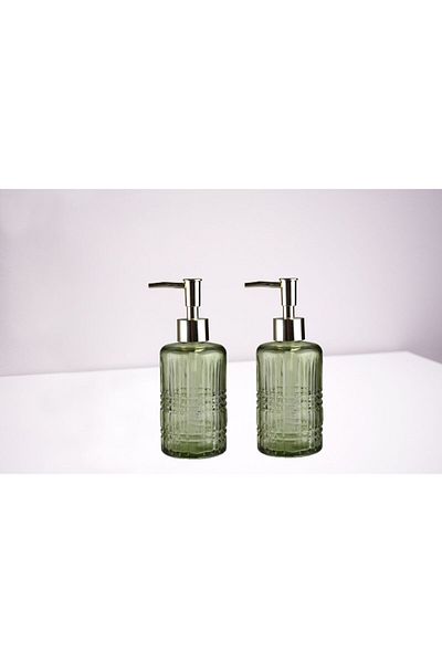 Bosphorus BATHROOM SET GLASS LIQUID SOAP BOWL 2 PIECES, CRYSTAL PATTERNED GREEN 300ML 6,8X17,6CM
