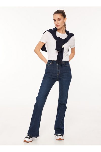 Koton Pantaloni din denim pentru femei, cu talie înaltă, picior lat, îngust, indigo închis, 4WAL40329MD