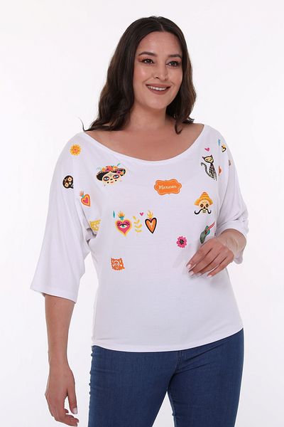 Curvy Trend Plus Size Mexican Printed Wide Round Neck Long Back Bat Blouse