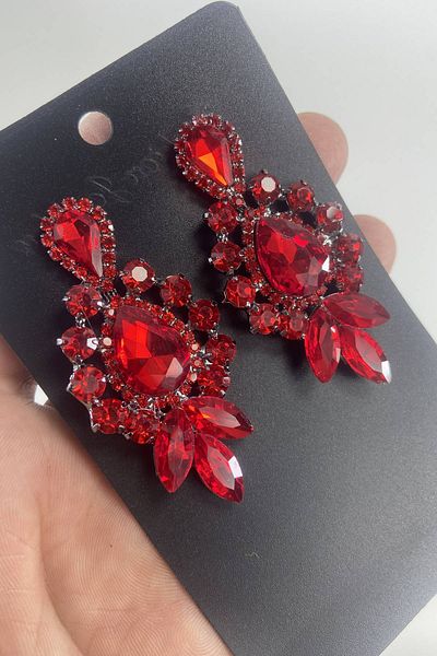 Hobigram Red Three Shuttle Model Large Small Stone Henna Wedding Engagement Earrings