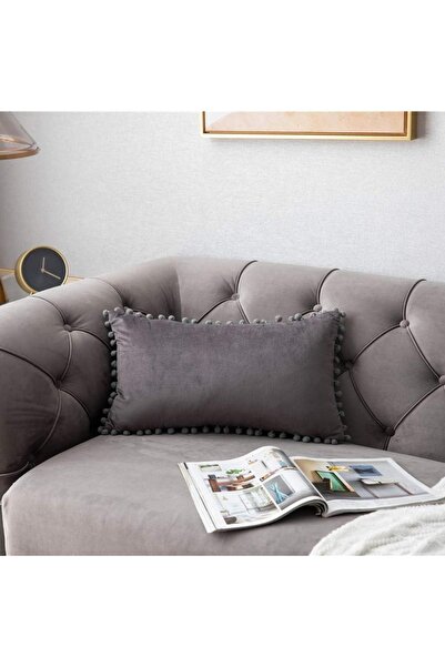 Bc Home Antrasit Minik Ponponlu Dikdörtgen Kırlent Kılıfı ,Yumuşak dokulu , 1...