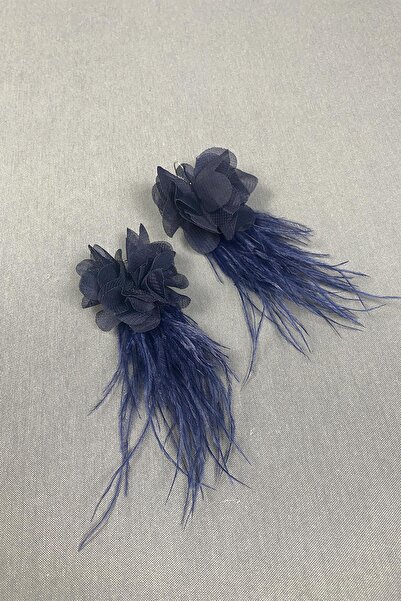 Hobigram Navy Blue Laser Floral Ostrich Feather Earrings – Bijoux Earrings, Stylish Design, Women's Accessory – Bijoux