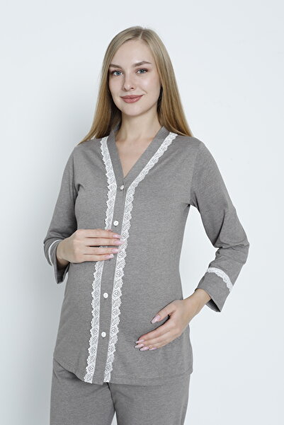 Miss Dünya Lissa Hnědá krajka s detailním zapínáním na přední těhotenskou a těhotenskou pyžamu