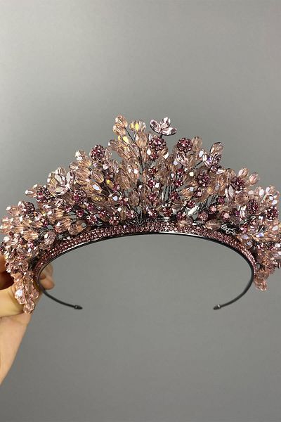 Hobigram Pink Bead Embroidered Intense Akbahar Bridal and Henna Crown – Crown, Crystal Stone, Stylish Model, Bridal Crown