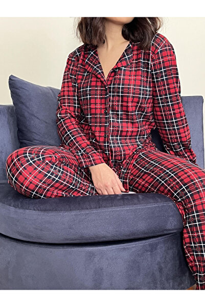 SM LİNGERİE Kırmızı Ekose Baskılı Önden Düğmeli Uzun Kollu Kadife Pijama Takımı 0001