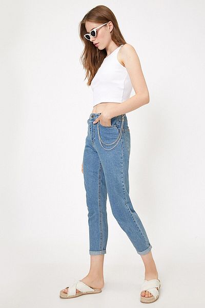 Trn JNS Mom Jeans Medium Blue Mom Talie înaltă Denim Pantaloni Lycra Colorfast Extra Confortabil