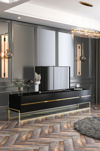 Givayo Mobilya Lyones Tv Ünitesi Alt Ünite Siyah Altın 180 Cm