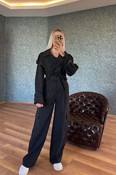 FAVORİ PERİ طقم جاكيت وسروال نسائي مخطط بأكمام وأزرار