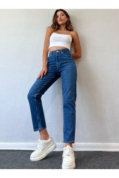Trn JNS Blugi Mom Albastru Inchis Pantaloni Mom Talie Inalta Lycra Colorfast Extra Confortabil