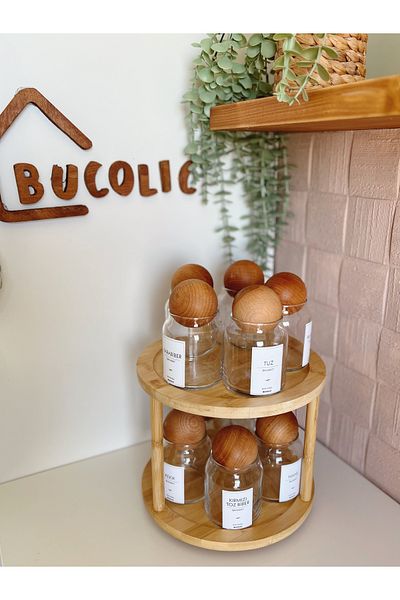 BUCOLIC 10-Piece Glass Spice Rack Set with Wooden Lid and Labeled Wooden Rotating Stand 300 Ml