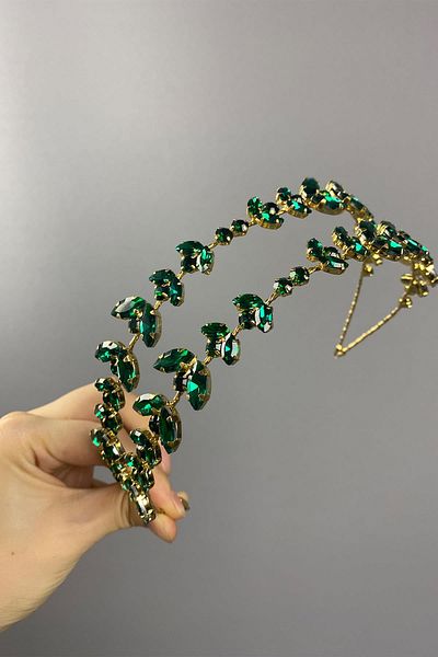 Hobigram Alfsa Model Double Row Bridal and Henna Crown with Green Gold Background – Crown, Crystal Stone, Stylish Model – Crown –