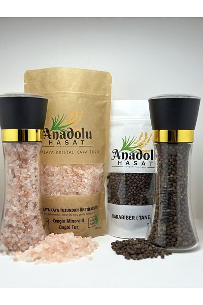ANADOLU HASAT Himalaya Set of 4 - 500G+100G Grain Black Pepper, 200g Mill, Ground Rocky Salt